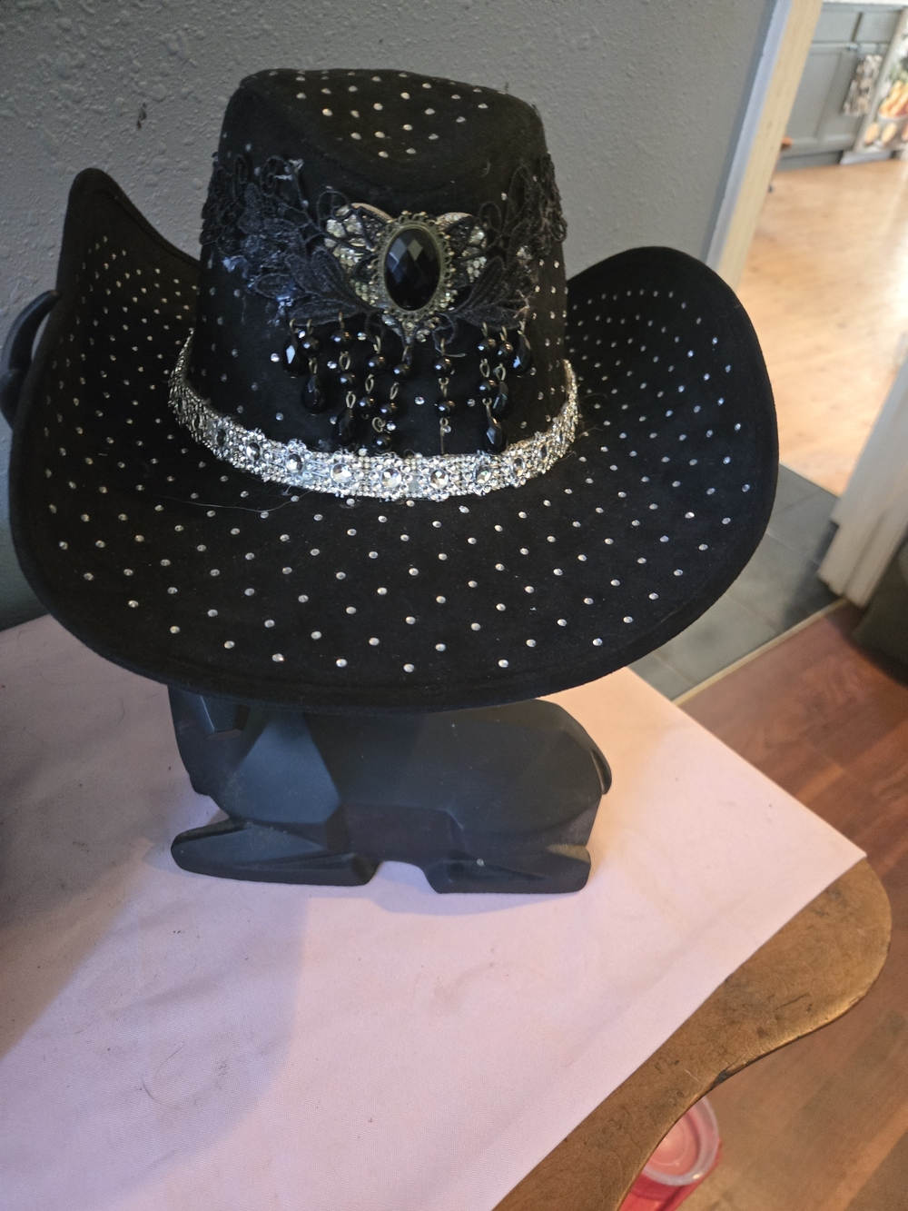 Black Western Cowgirl Hat with Rhinestone & Beaded Accent